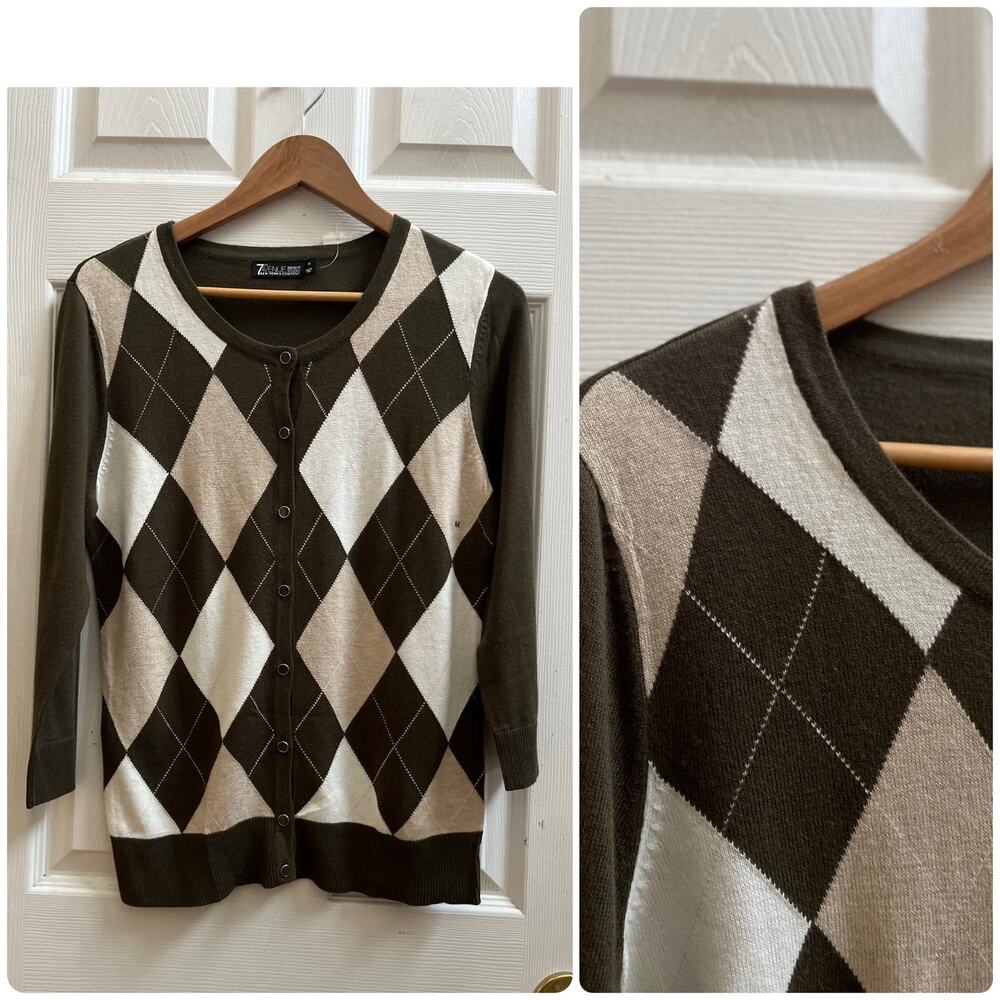 Preppy Argyle Diamond Pattern 3/4 Sleeves Knit Cardigan Medium